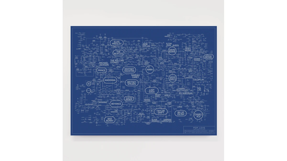 Dorothy’s blue Pop Love Blueprint illustration arranges musicians’ names in silver lettering along a portable cassette player circuit