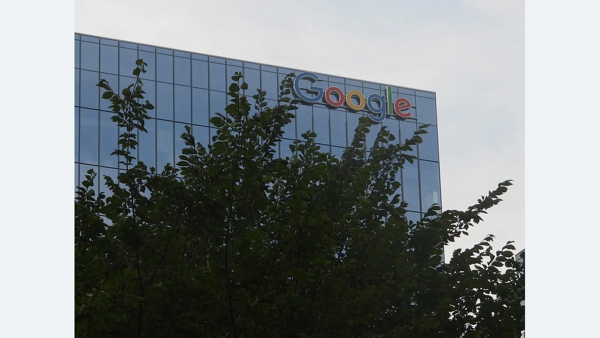 Google sign at a Toronto office seen through tree branches