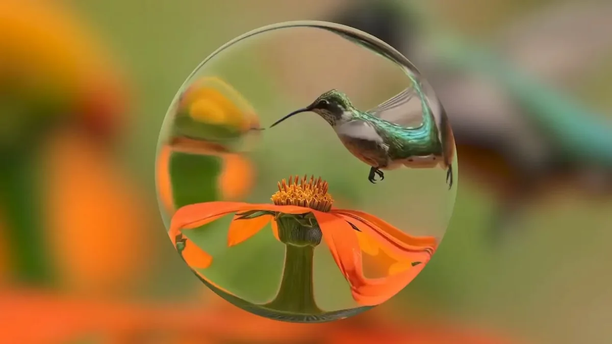 Source-created Genie 4 illustration showing a hummingbird and orange flower refracted through a transparent sphere.