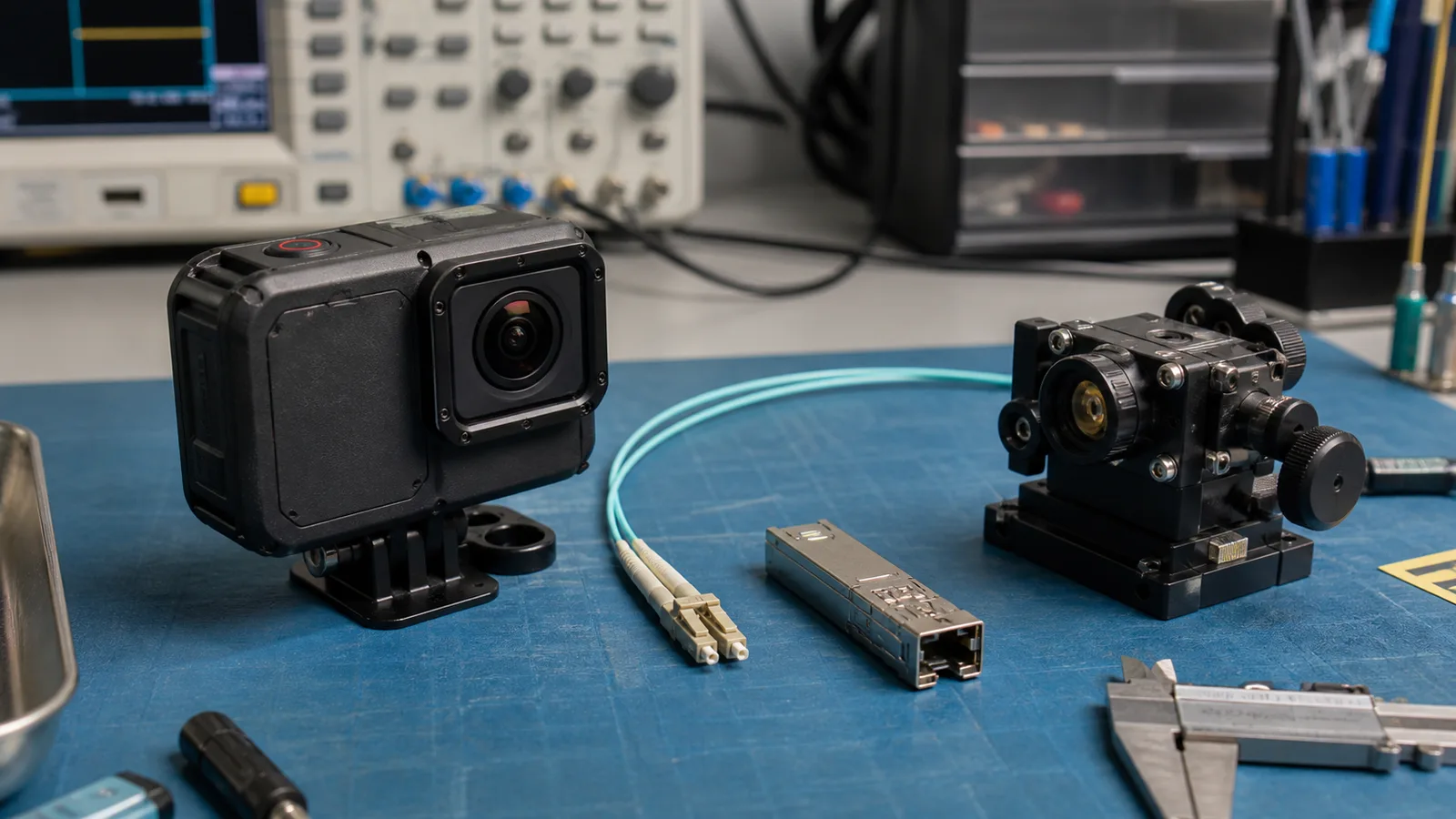 A generic action camera, optical transceiver, and precision optics share an engineering workbench
