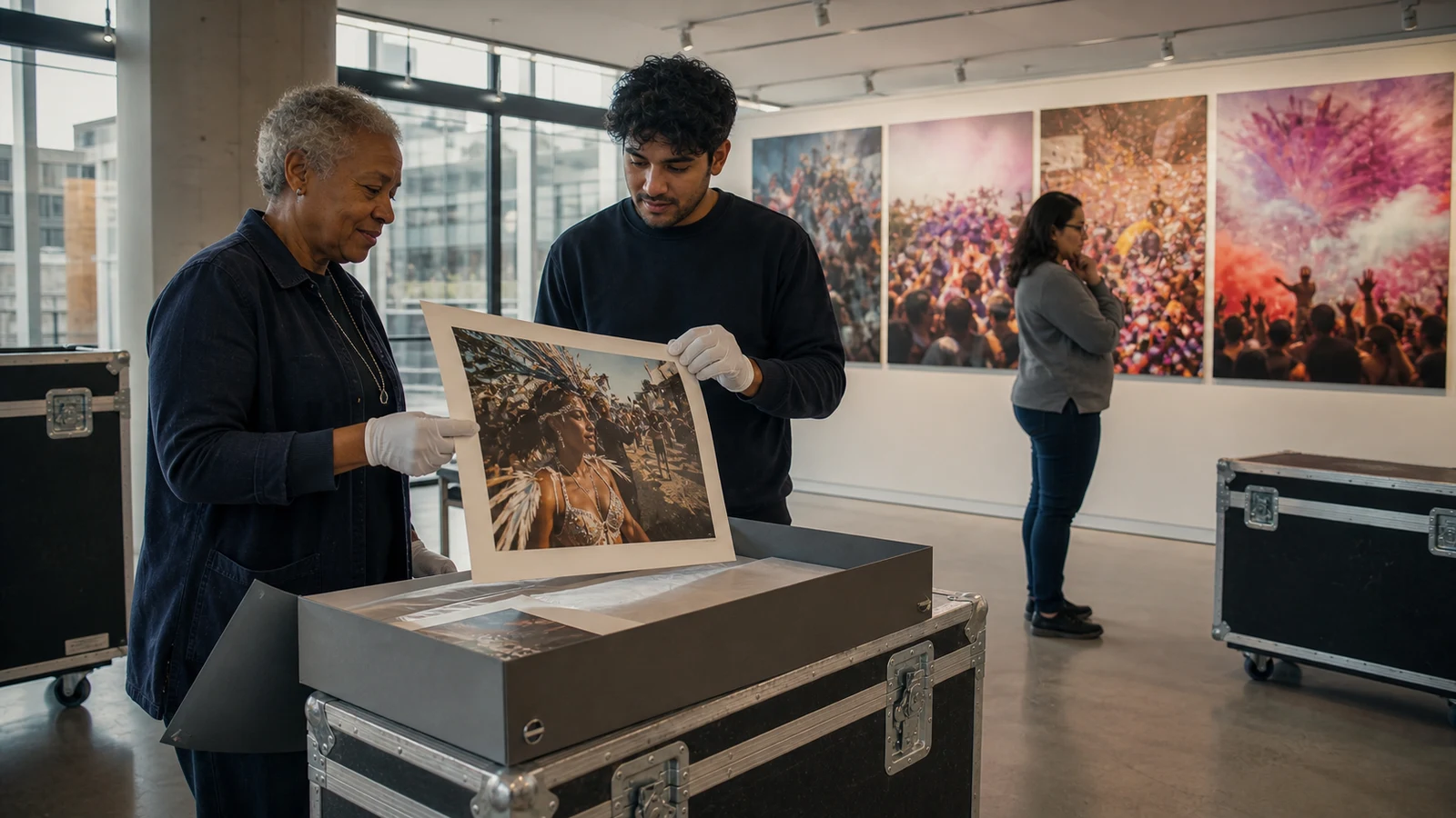 Two exhibition workers handle a carnival archive print in a public gallery