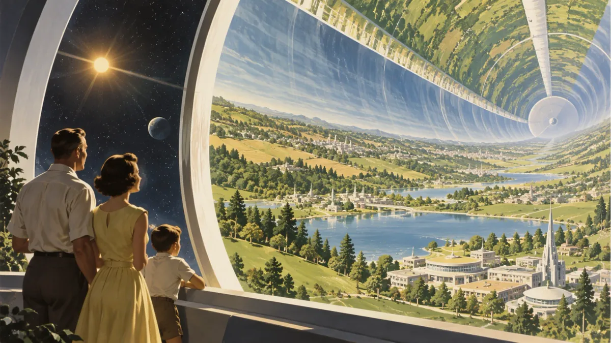 OpenAI-generated sample showing a family looking into an imagined cylindrical space habitat.