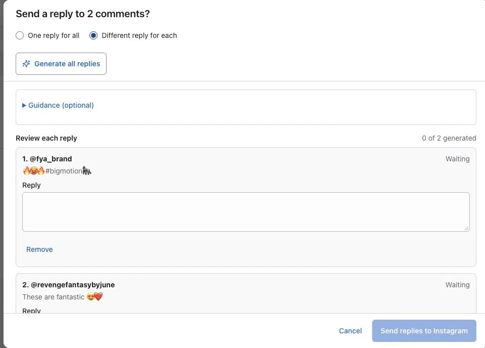 Instaply batch dialog with a separate editable reply for each of two selected Instagram recipients.