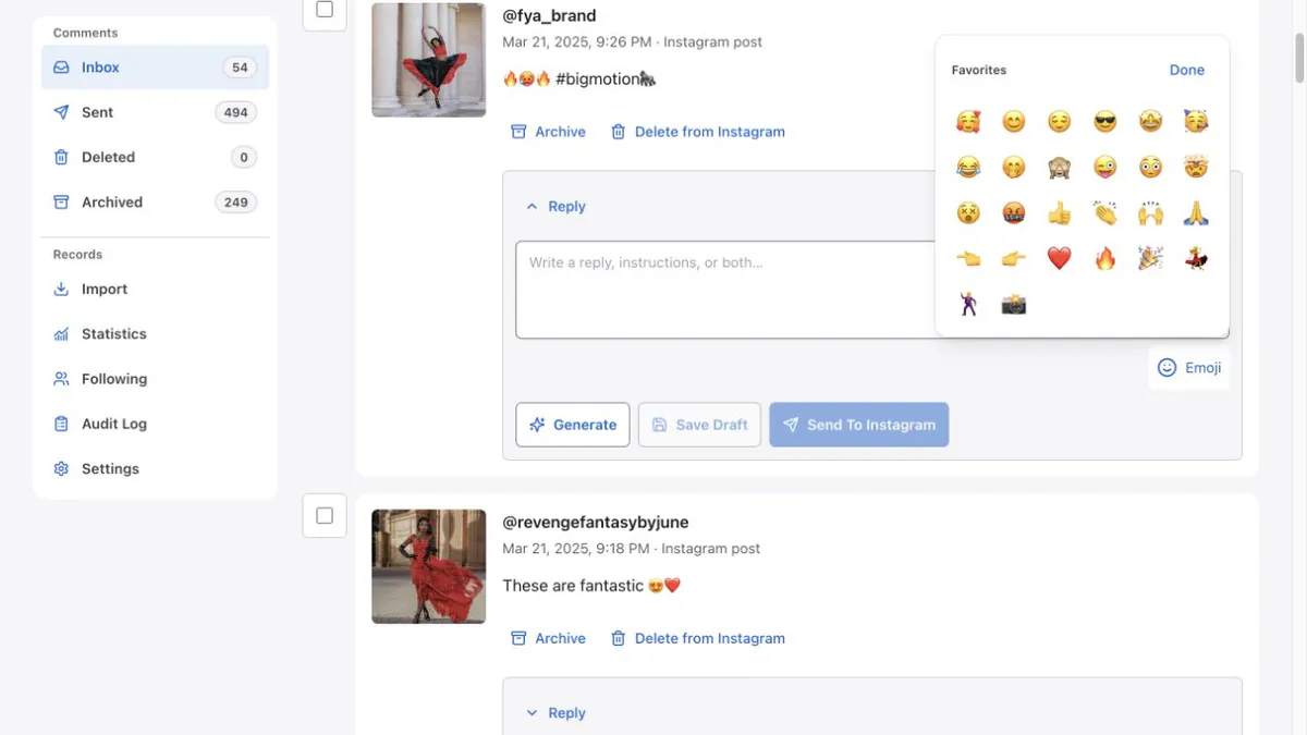 Original Instaply Inbox screenshot with comment filters, reply editor, Generate, Save Draft, Send to Instagram, and the Favorites emoji picker.