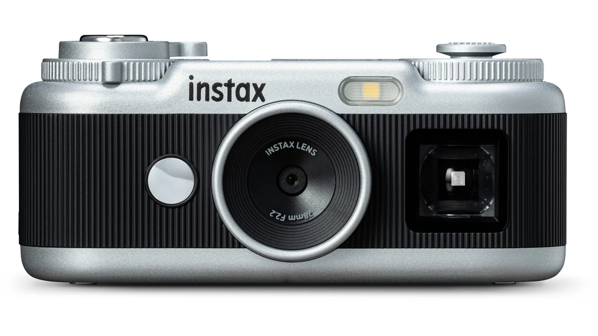 Black Fujifilm instax Pal 2 compact digital camera shown from the front