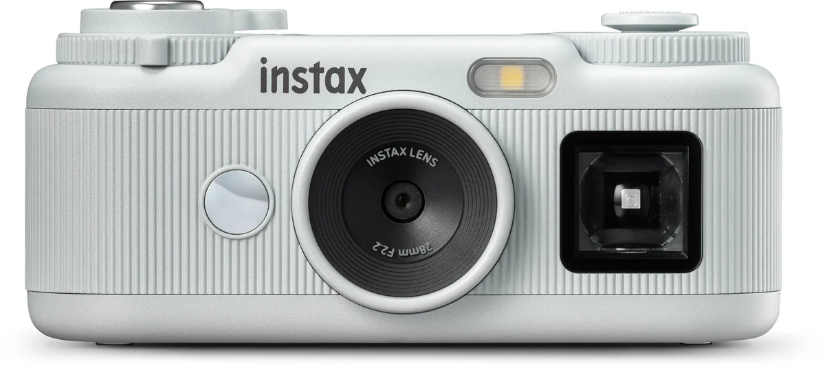 White Fujifilm instax Pal 2 compact digital camera shown from the front