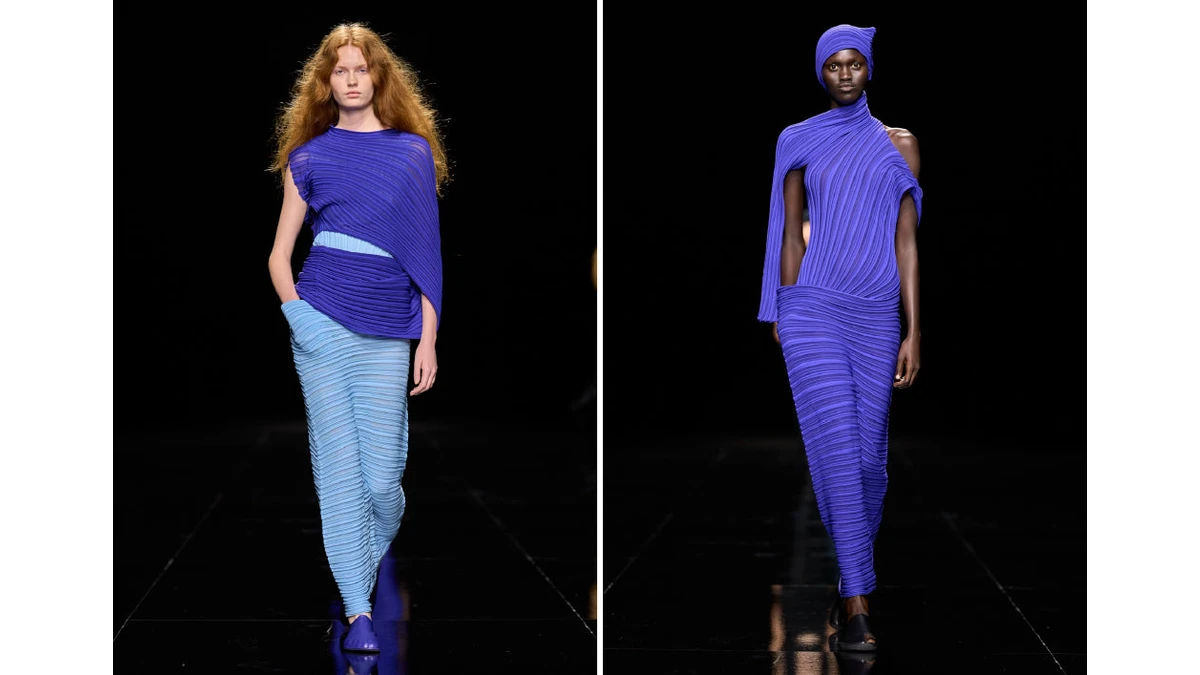 Two Issey Miyake Figure of Ma runway looks show violet textured knits with flowing ridges, one paired with a pale-blue skirt and one with a matching violet skirt and head wrap