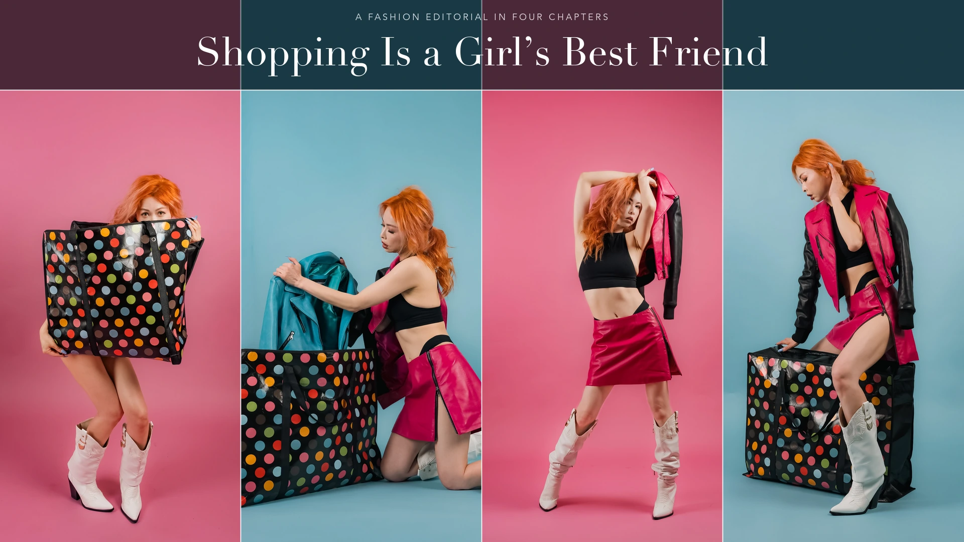 Stacy Huang poses with an oversized polka-dot shopping bag and pink-and-teal leather wardrobe in a four-panel fashion editorial collage