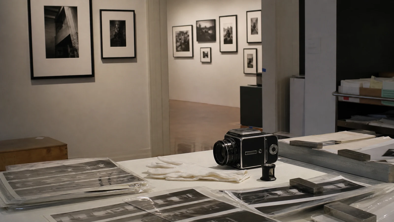 Archival camera, gloves, contact sheets, and framed works in a museum gallery