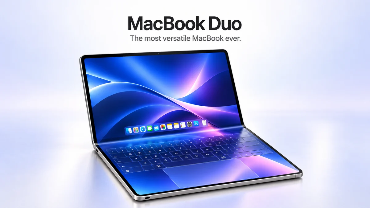 Concept illustration of MacBook Duo with a blue dual-screen design and touch keyboard, titled MacBook Duo: The most versatile MacBook ever.