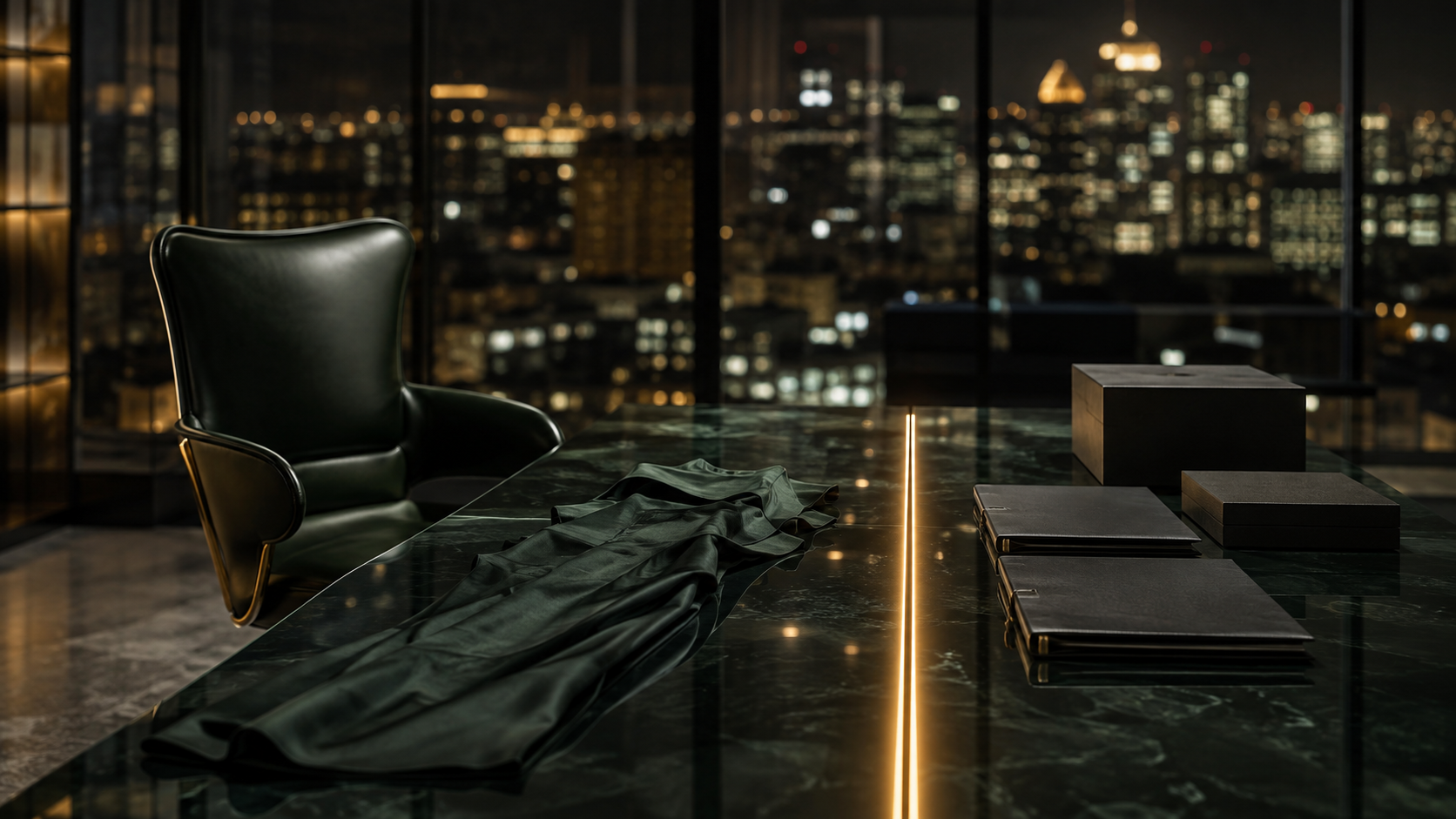 Fictional nighttime boardroom with an empty chair and illuminated table dividing fabric from closed folders.