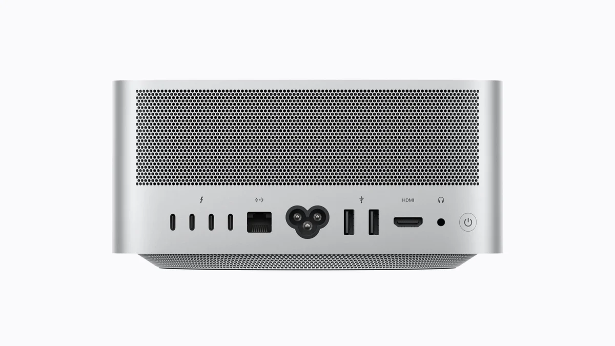 Apple’s official product photograph shows the rear panel of Mac Studio, including its Thunderbolt connections, Ethernet port, power socket, USB ports and HDMI port.