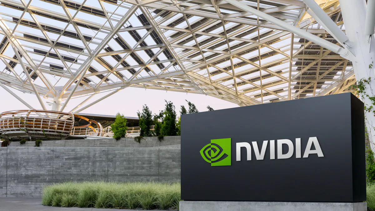 Nvidia’s logo on a sign beneath the open structural canopy at its Santa Clara headquarters.