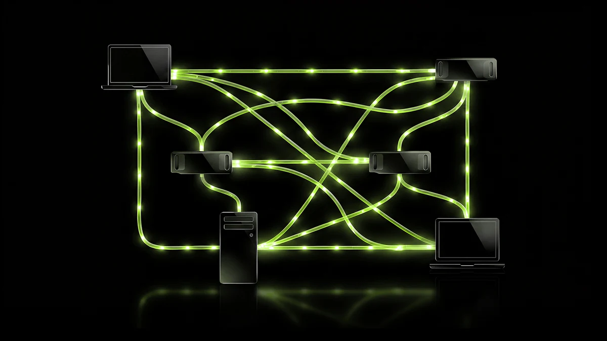 NVIDIA illustration of computers linked by green paths representing PAIR’s local AI request routing.
