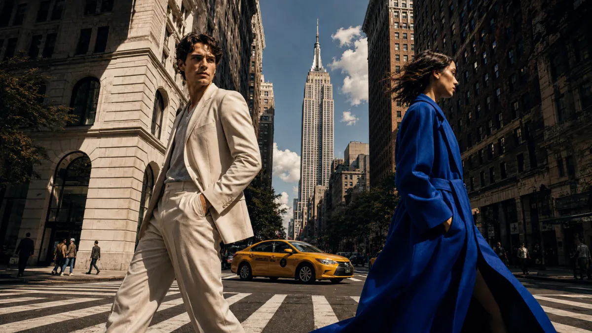 Fashion editorial illustration of two adults in ivory tailoring and a cobalt coat crossing a Manhattan-inspired street, with a yellow taxi and the Empire State Building.