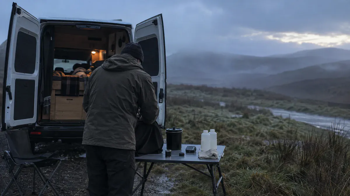 Fictional editorial illustration of an anonymous photographer preparing film beside an unbranded van in misty moorland.