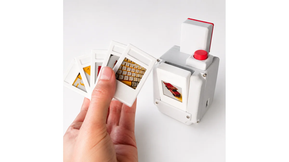 Official photograph of Strange Inventions Lab’s gray digital-film camera beside a hand holding reusable white e-paper photo cartridges.