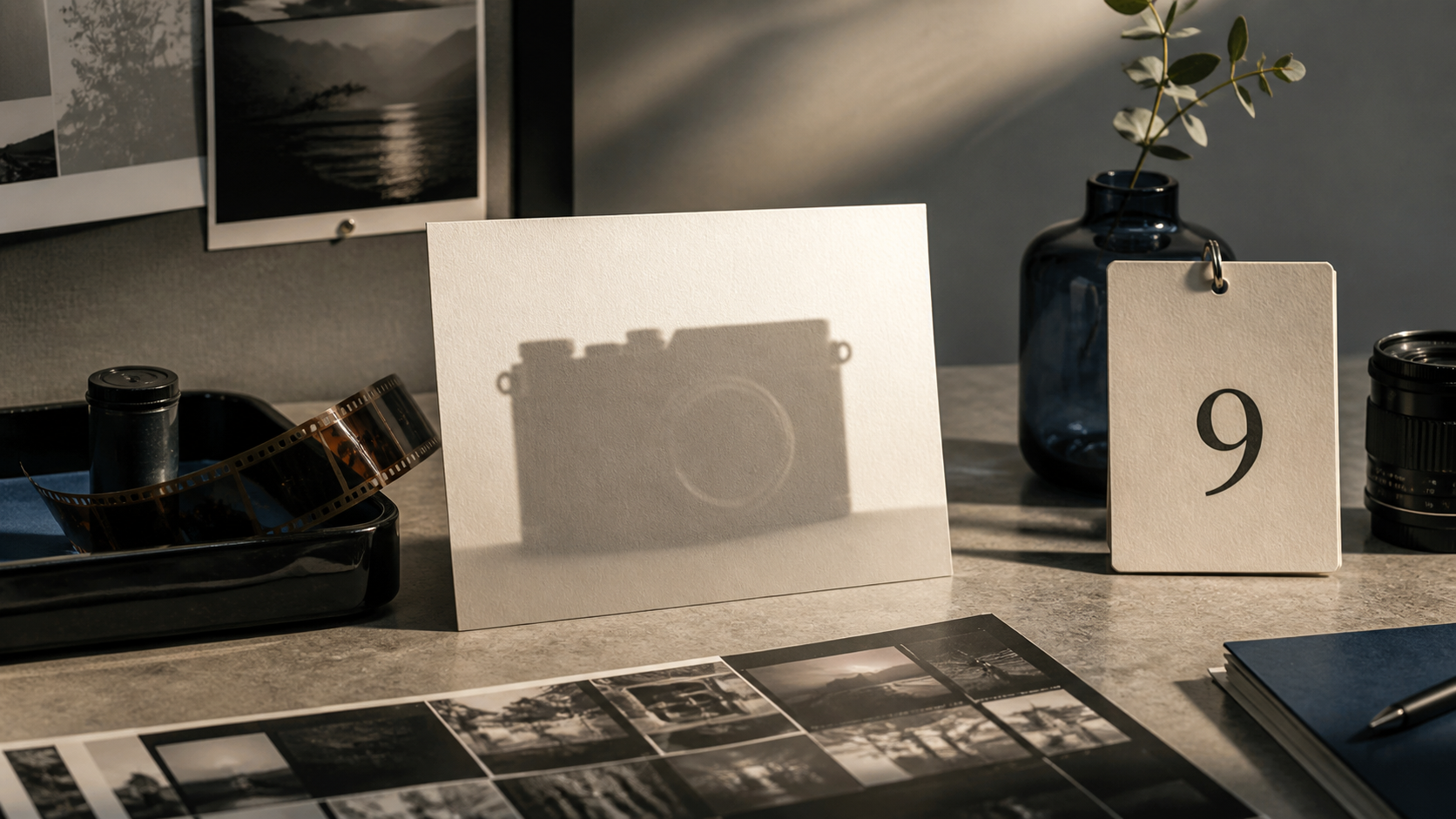 Editorial illustration of a camera-shaped shadow beside a calendar card marked nine on a photographer’s worktable