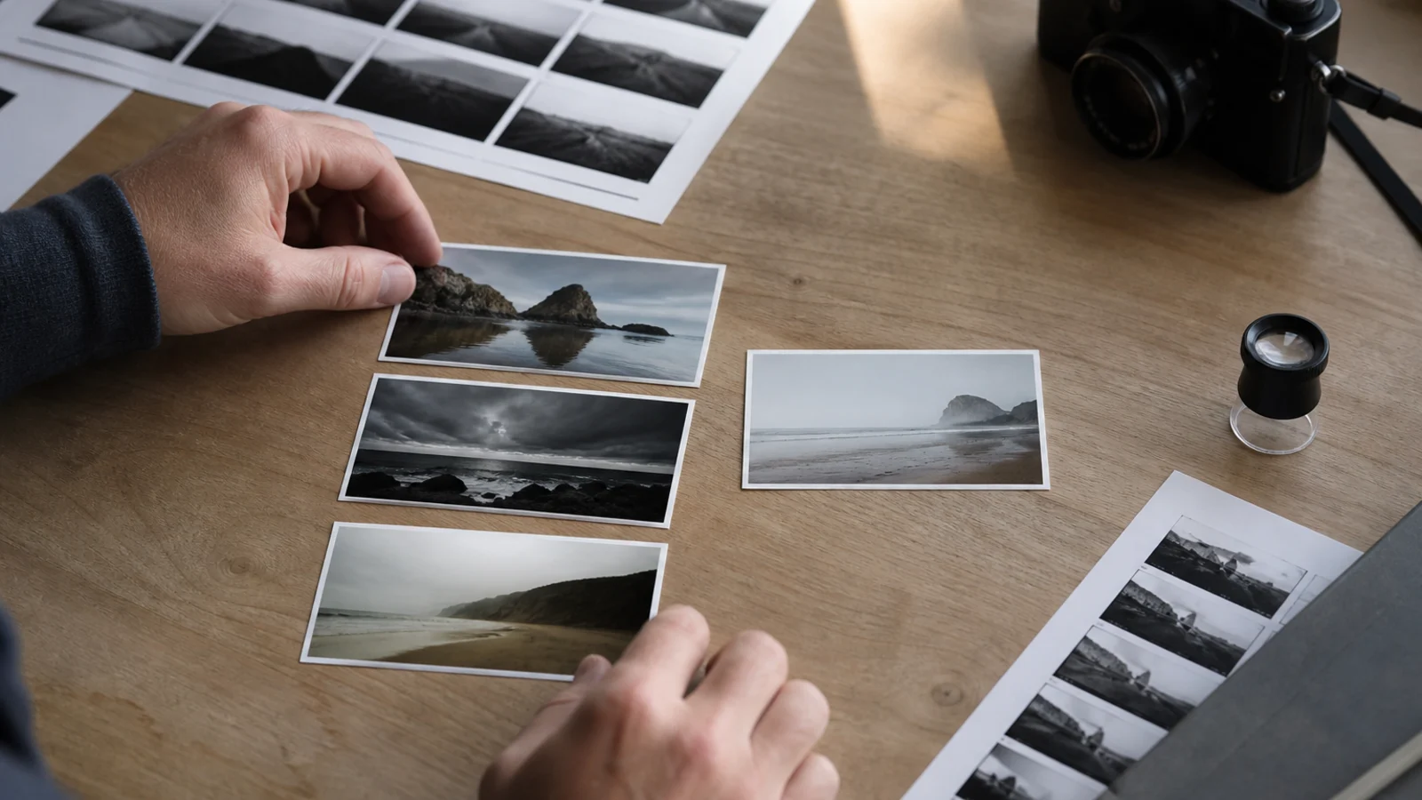 Hands compare several landscape prints and contact sheets on a daylight studio table