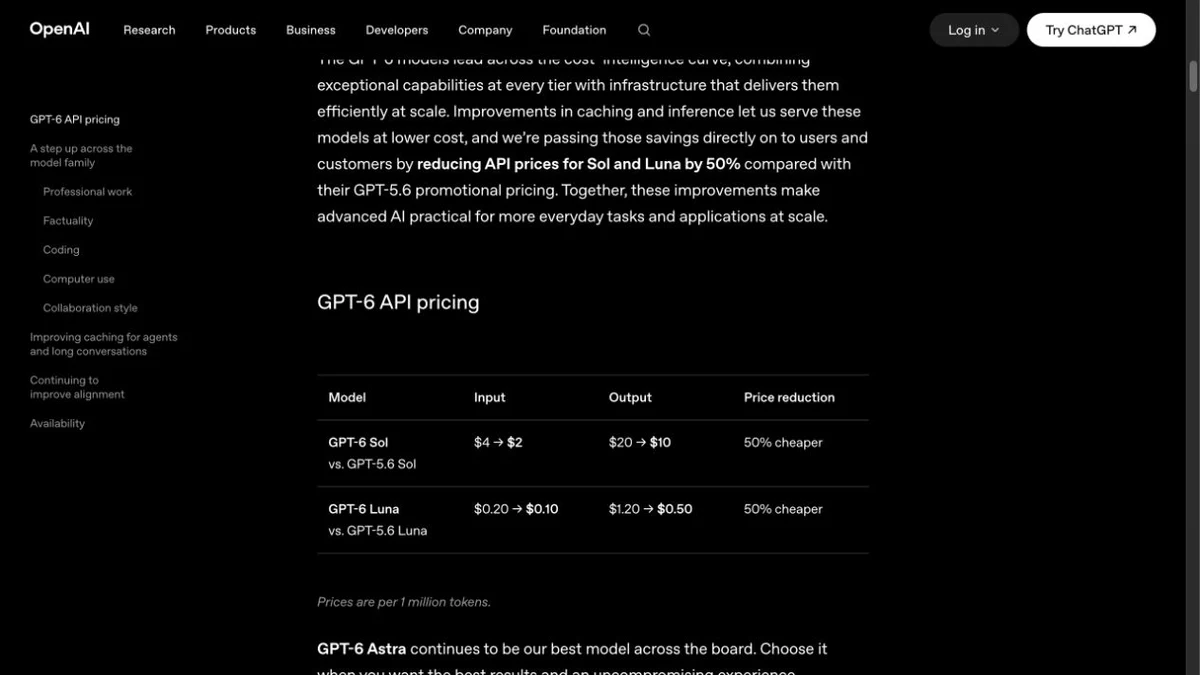 The official OpenAI GPT-6 Sol and Luna launch page showing the API pricing table for both models.