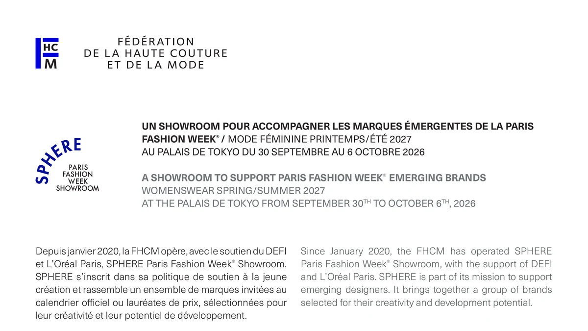Official FHCM Spring/Summer 2027 SPHERE press artwork naming Paris Fashion Week and showroom dates.