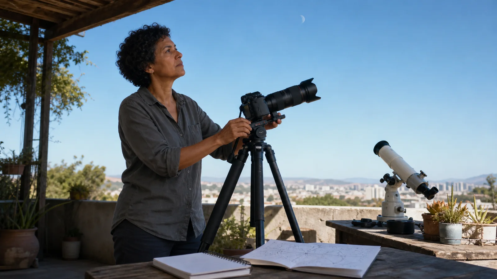 A photographer adjusts a long-lens camera beneath a shaded terrace while a crescent Moon hangs in a bright blue sky