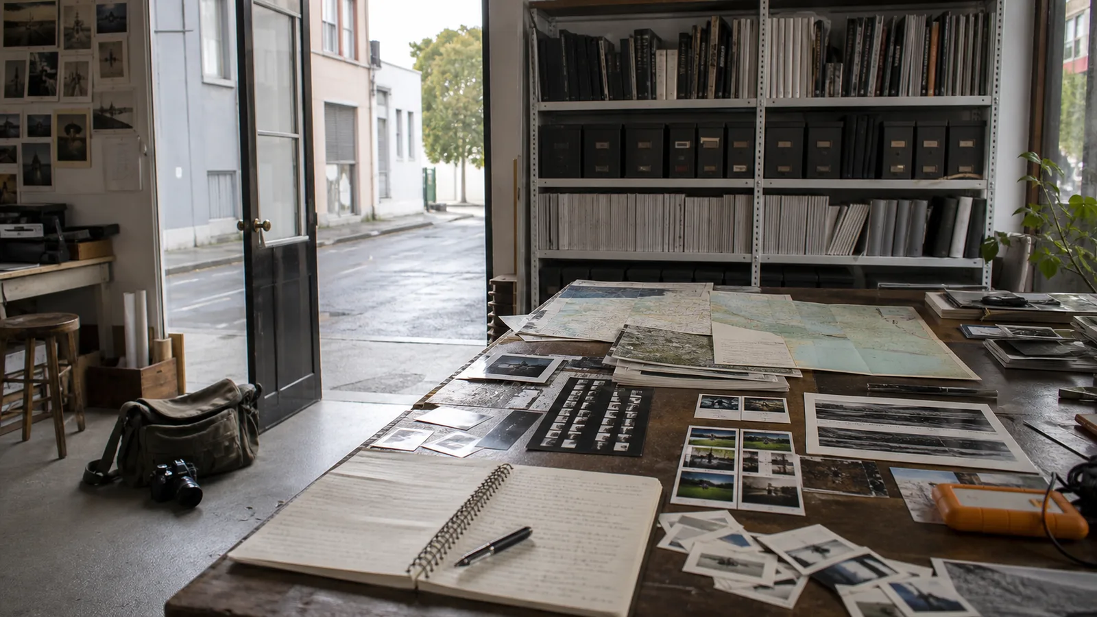 A working photographer's studio holds prints, notebooks, maps, camera gear, and an open street door