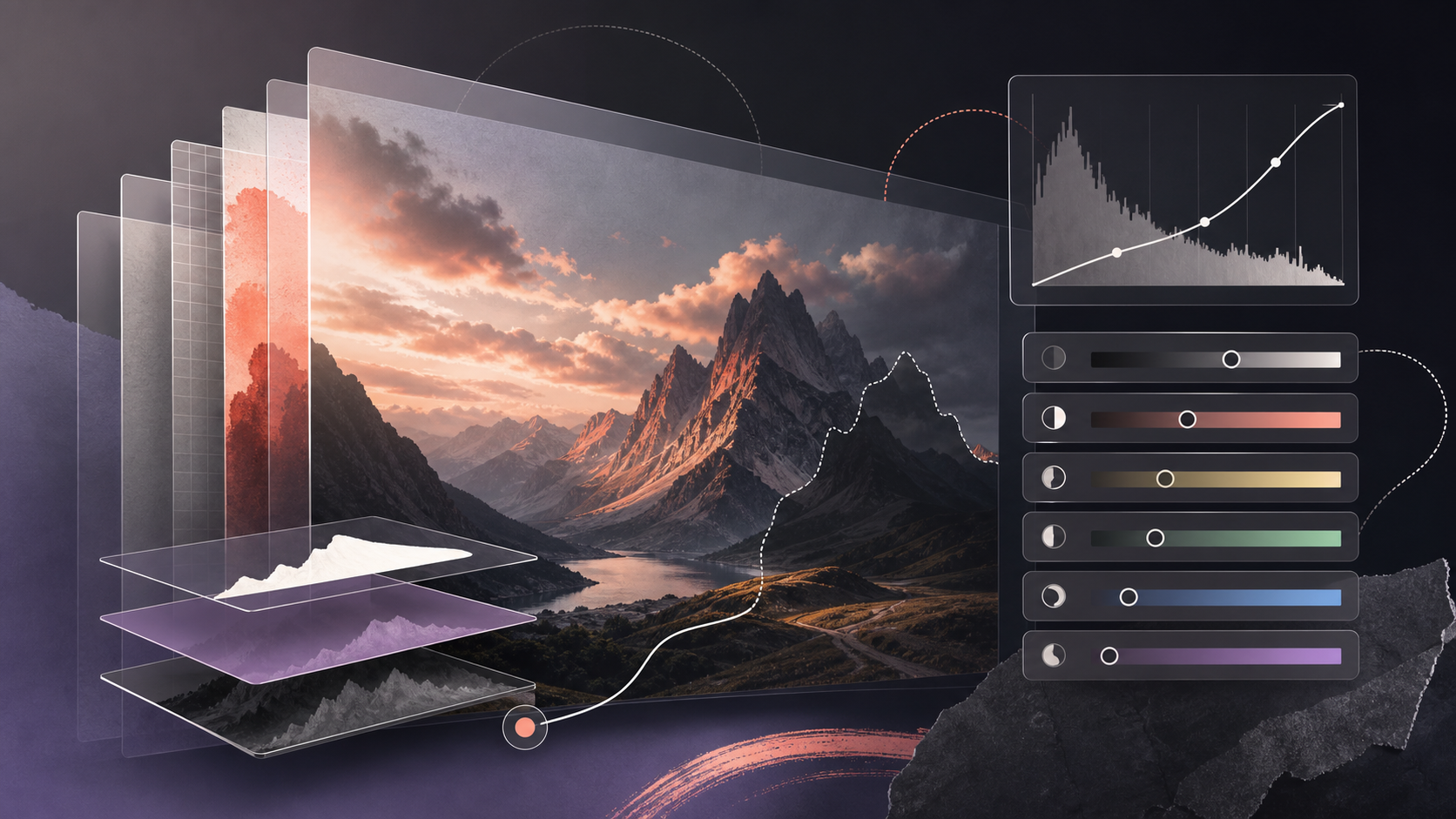 Conceptual editing layers, tonal controls, histogram, and masking lines arranged around a landscape image