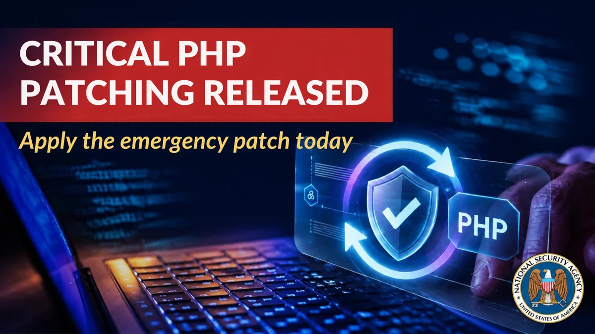 NSA advisory illustration with a laptop, PHP shield and the message Critical PHP Patching Released.