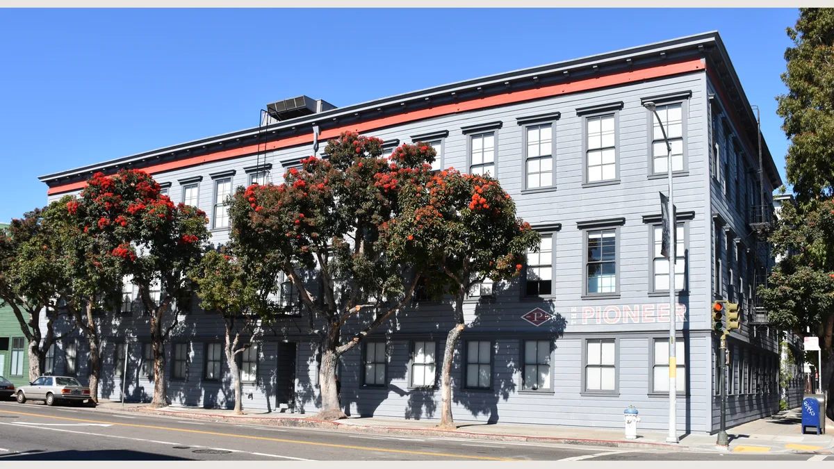 The Pioneer Building in San Francisco, which housed OpenAI offices in 2019, photographed from across the street.