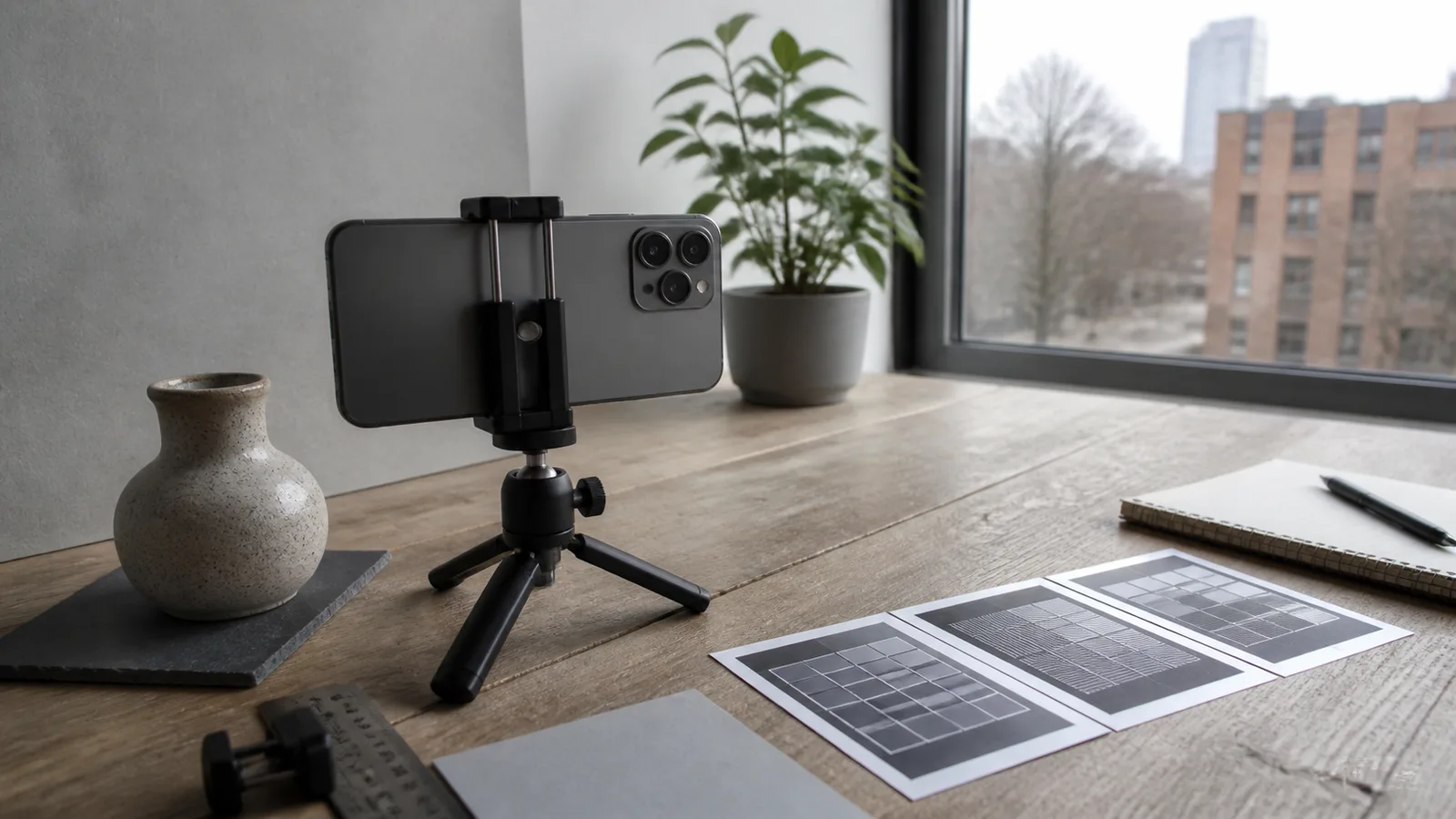 A generic smartphone camera test compares subjects at near, middle, and distant positions