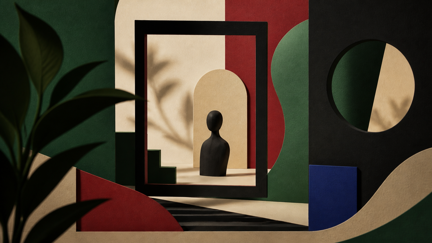 Abstract portrait silhouette framed by layered foreground shapes, color fields, and receding geometric planes