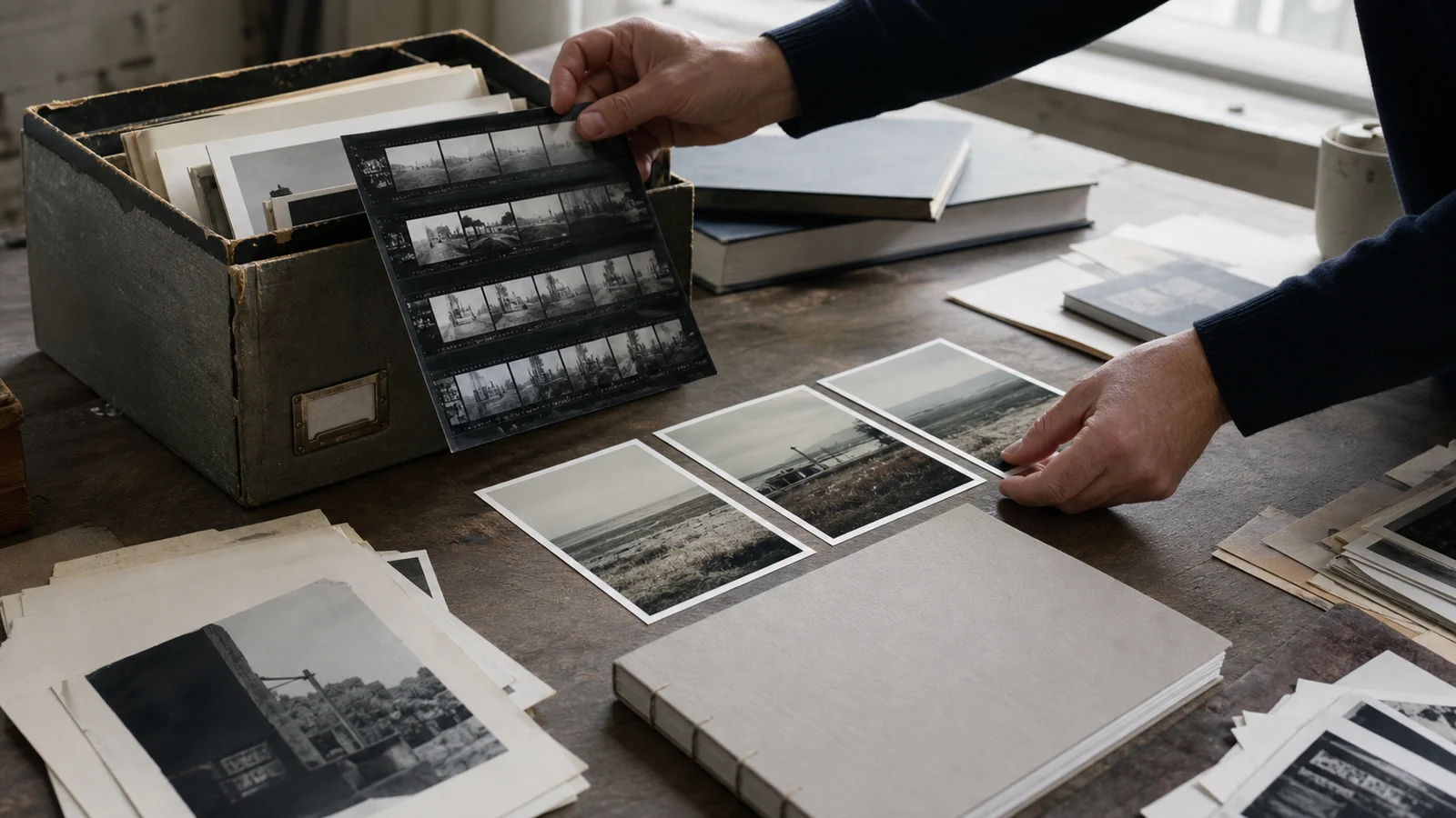 Hands arrange old contact sheets and prints beside a handmade photo book on a studio table