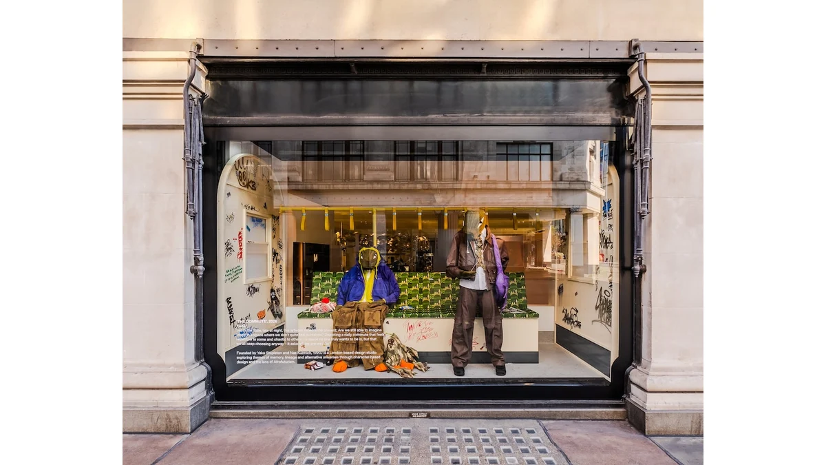 A Selfridges street-facing window contains clothing on mannequins, a surfboard and layered display objects behind glass.