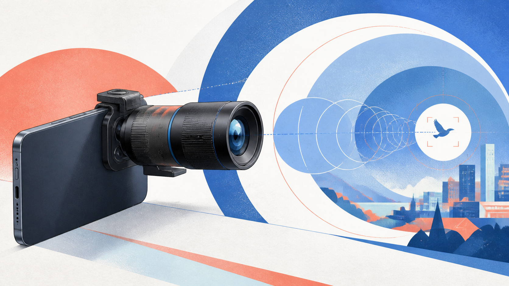 Editorial illustration of a generic smartphone optical attachment projecting concentric framing lines toward a distant bird and city