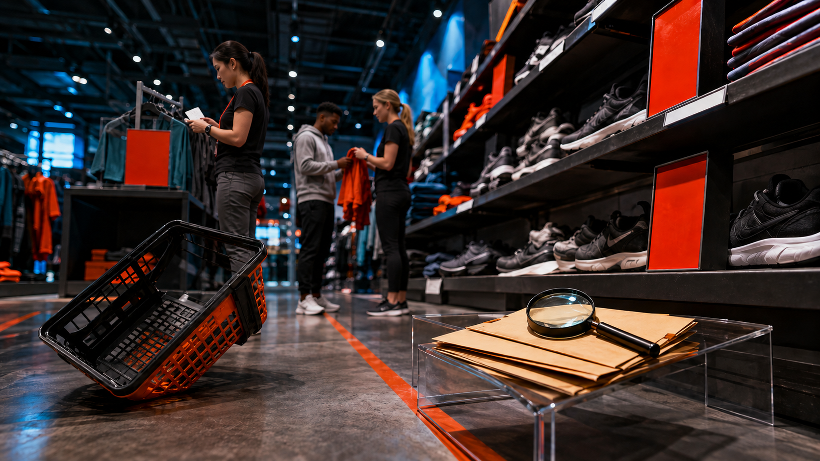Low-angle fictional sportswear aisle with diverse shoppers, blank sale cards, a basket, and pricing evidence.