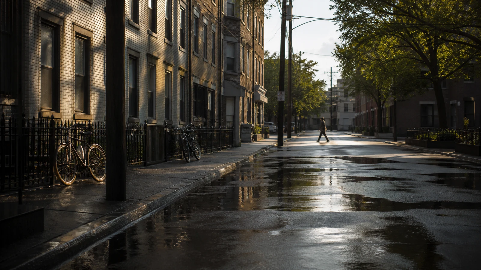 Repeated windows, bicycles, reflections, and a distant pedestrian align along a wet neighborhood street