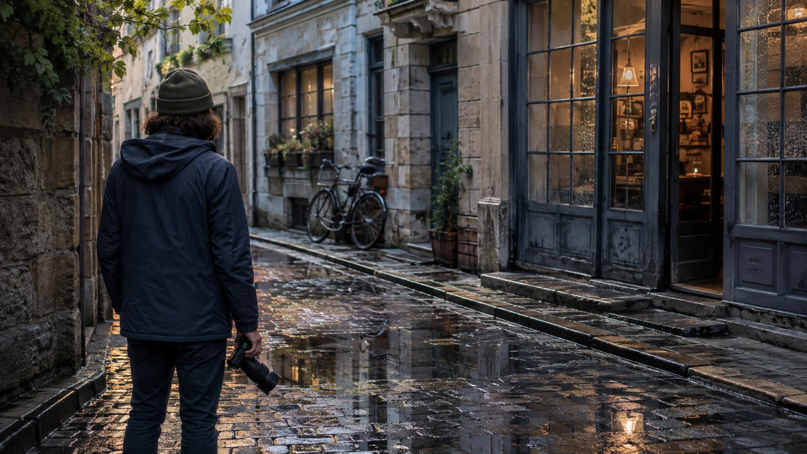 Photorealistic editorial illustration of a generic photographer seen from behind studying light, reflections, and layered depth on a fictional street after rain.