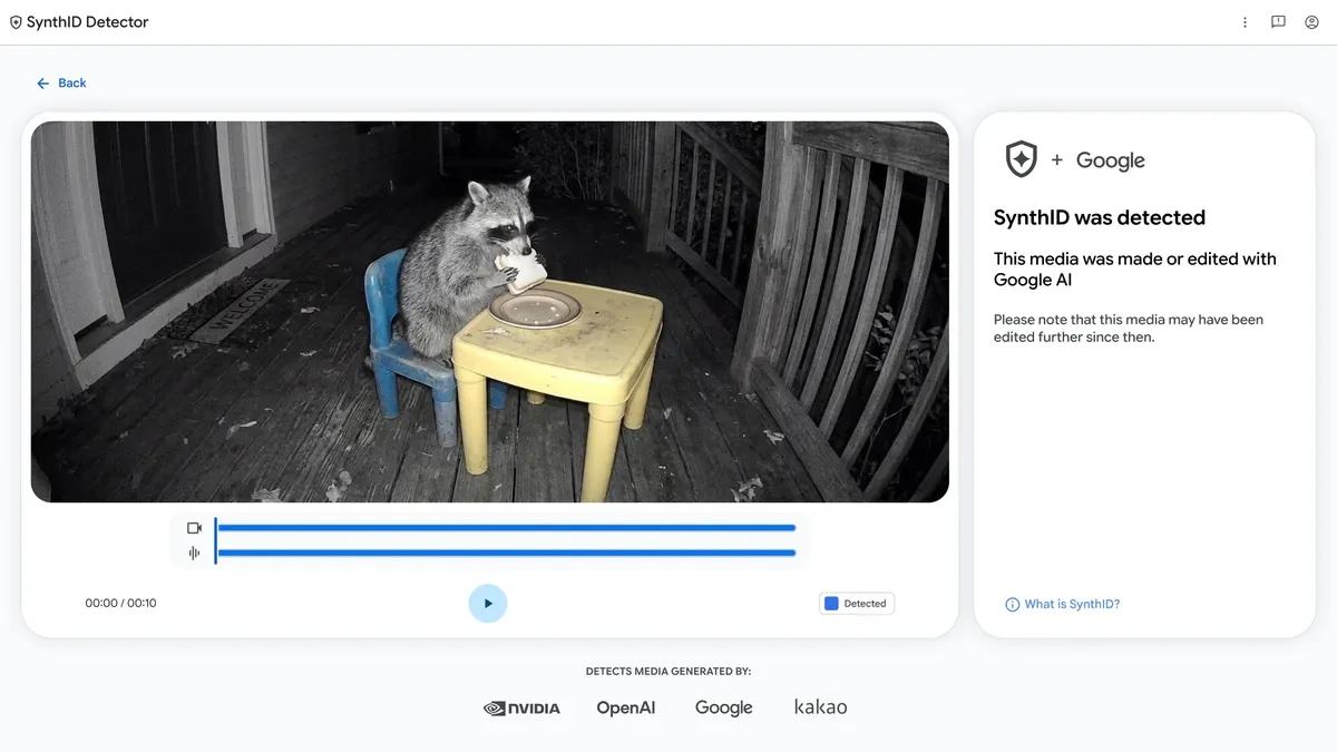 Google’s SynthID Detector illustration shows a synthetic raccoon video and a detected watermark attributed to Google AI.