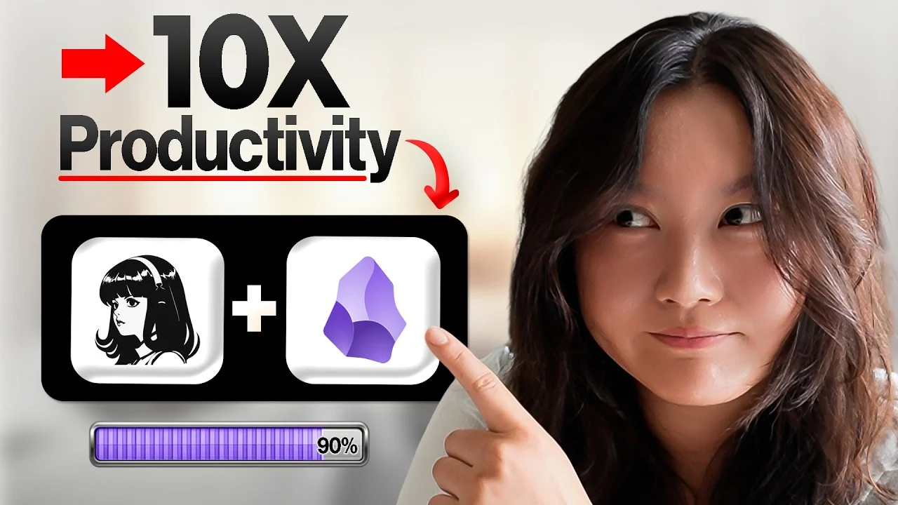Tina Huang points toward Hermes and Obsidian icons beside the words 10X Productivity.