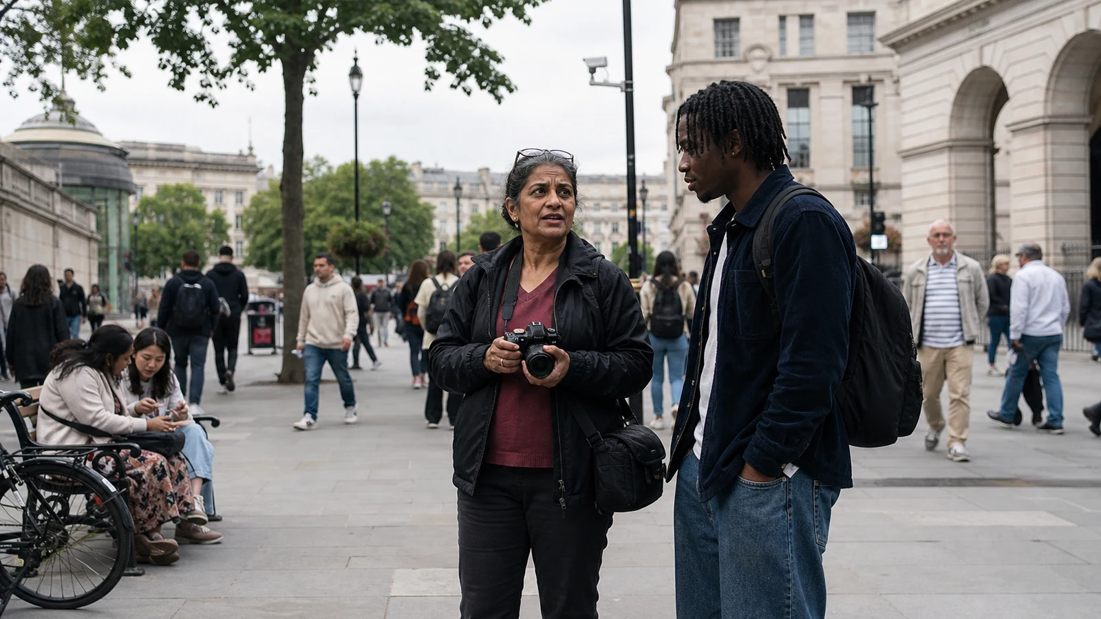 Two friends discuss street photography in a crowded British civic square