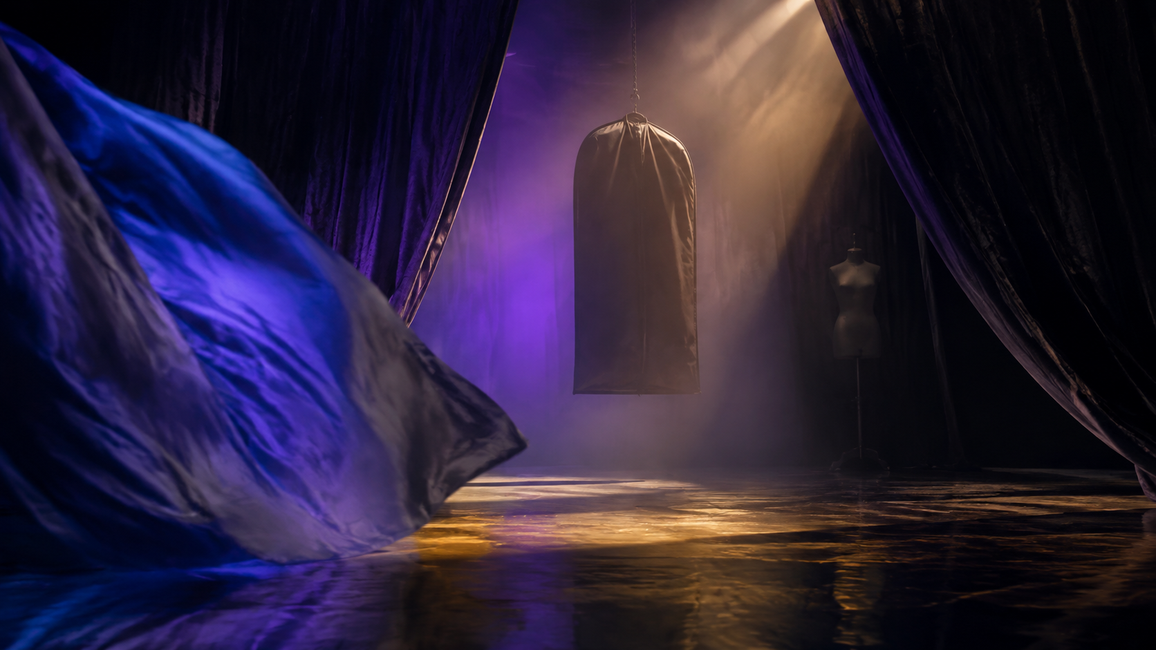 Fictional backstage threshold with a closed garment bag, moving cobalt fabric, and violet and gold practical light.