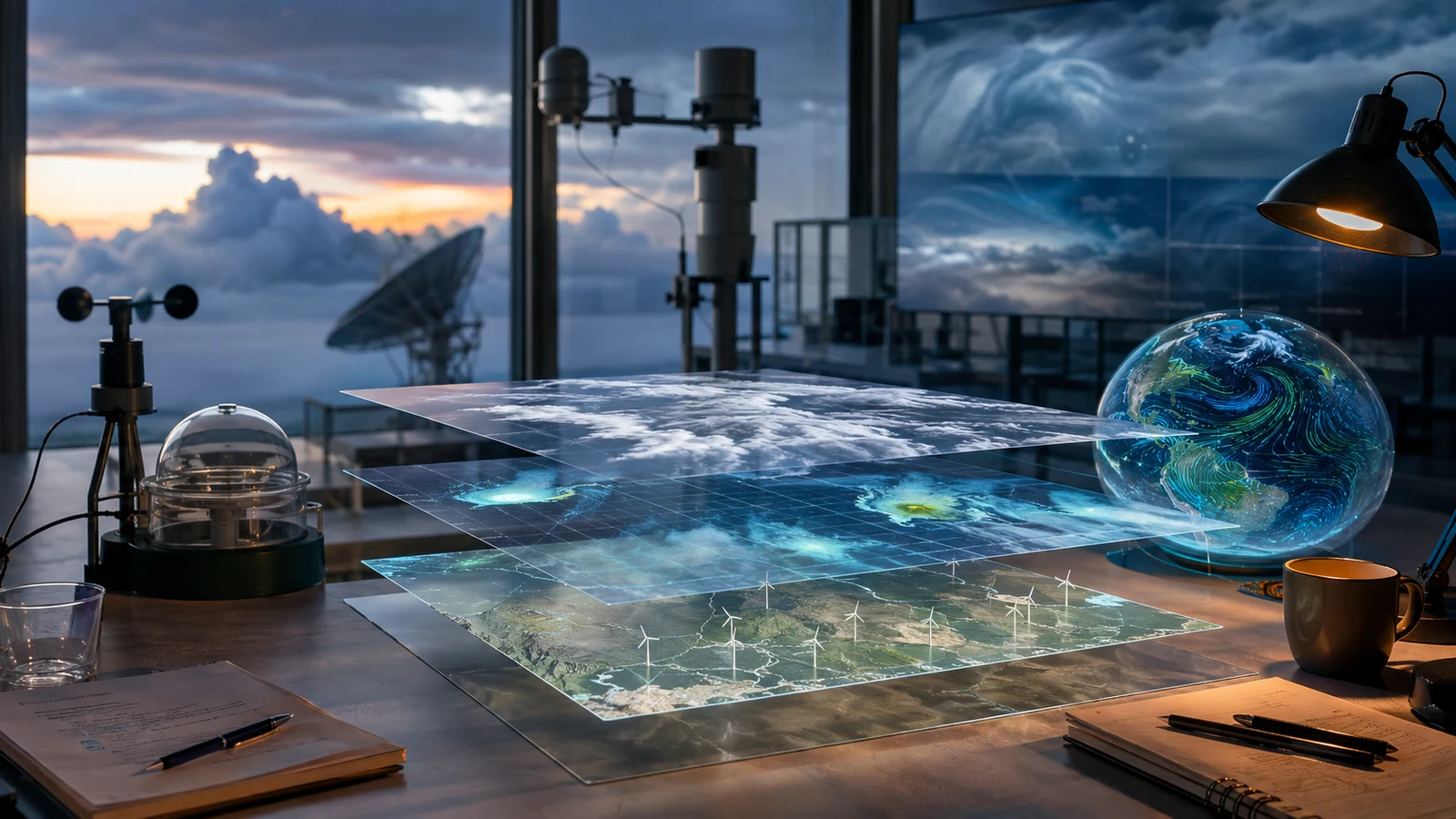 Photorealistic editorial illustration of layered weather observations, storm clouds, and renewable-energy planning in a fictional research workspace.
