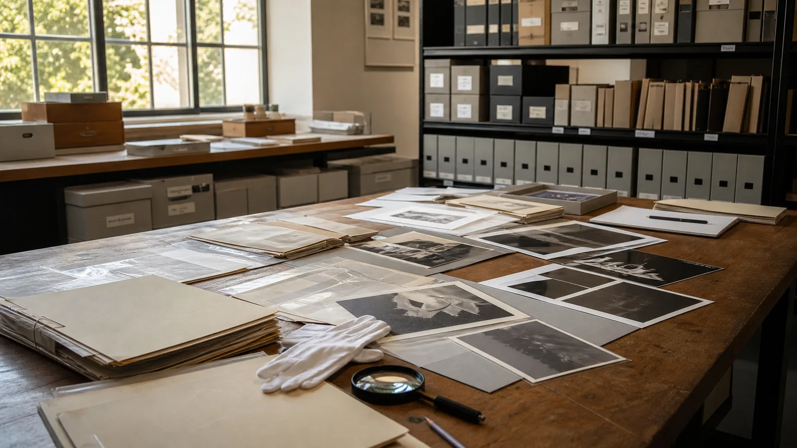 A fictional museum study room holds archival folders and invented photographic study prints